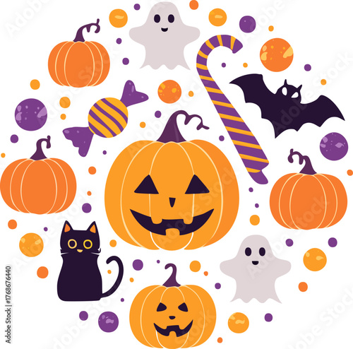 ChatGPT said:

Halloween flat minimal vector with cute pumpkins ghosts bats black cat candy pastel orange purple palette clean background symmetrical design Adobe Illustrator generative ai