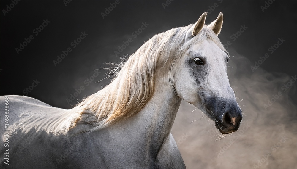 Fototapeta premium A Majestic White Horse Rears Gracefully Against A Solid Backdrop Showcasing Its Strength And Elegance