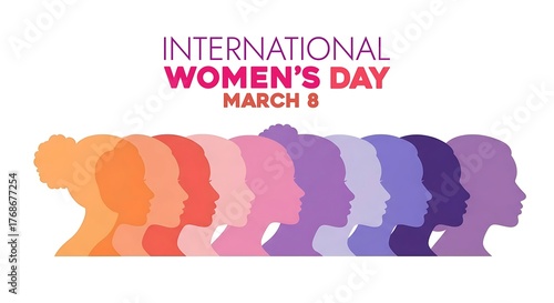 International Women’s Day March 8 Poster Featuring Diverse Female Silhouettes in Gradient Colors Representing Unity Strength and Empowerment