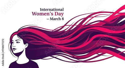 International Women’s Day March 8 Poster Featuring Elegant Woman with Flowing Pink Hair Representing Empowerment Freedom and Feminine Strength