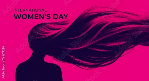 International Women’s Day Poster Featuring Elegant Silhouette Woman with Flowing Hair in Bold Pink Background Symbolizing Strength and Empowerment