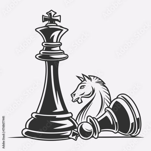 Chess King Standing Tall Beside Fallen Knight and Pawn chess pieces