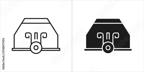 Outline and filled icon of a classic greek temple facade with columns and a pediment