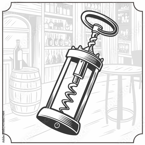 Vintage Corkscrew in a Bar Setting with Barrel and Bottles wine opener tavern