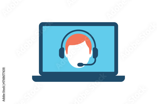 A laptop displays a customer service representative wearing a headset, representing online support.