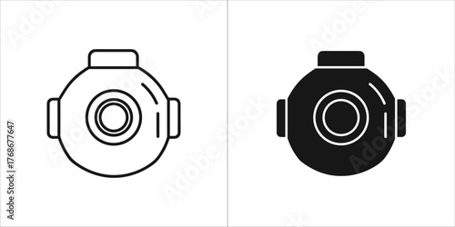 Vintage diving helmet, outline and filled versions
