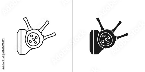 Stylized icon of a microphone with three protruding elements, shown in both outline and solid black versions on a