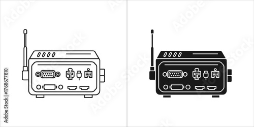 Set of two icons representing a network router, one in outline and one in solid black