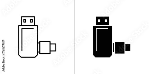 Set of two icons representing a usb flash drive, one in outline and one in solid black