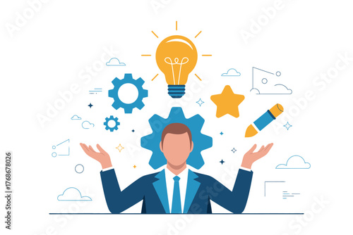 A businessman juggling ideas, gears, and symbols of creativity and innovation.