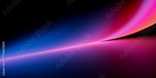 Soft neon gradient with blue and pink light streaks curving on black background, futuristic abstract stock image perfect for modern digital design.