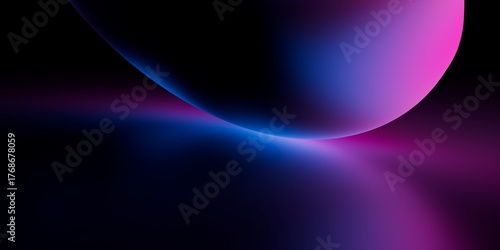 Neon glowing sphere with pink and blue gradient light reflection on black surface, futuristic abstract background for stock visuals and design projects.