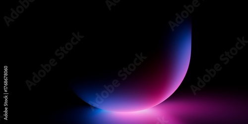 Futuristic neon half-sphere glowing in purple and blue gradient on black, abstract light reflection artwork ideal for design and creative stock images.