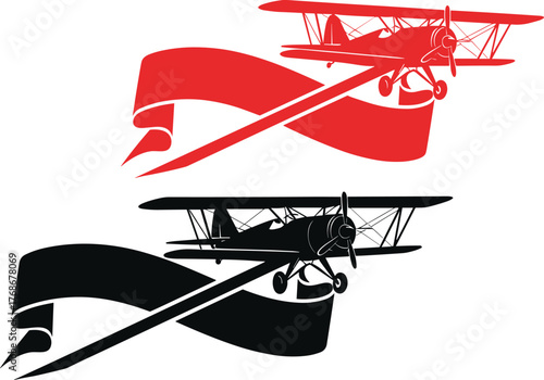 Vintage biplane with ribbon banner, red and black airplane silhouette, aviation design, classic flight art, retro aircraft, cad drawing flat vector illustration