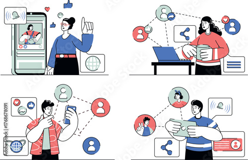 Each illustration is outlined with clean lines and includes subtle decorative elements like plants or icons (e.g., money, books, or hearts). The image is ideal for use in Adobe Stock as a versatile se