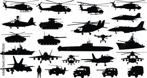 Military vehicles and aircraft silhouettes, helicopter, tank, jet fighter, submarine, battleship, drone, soldier, army equipment, cad drawing flat vector illustration