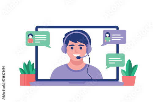 Customer service representative communicates with clients through a laptop with chat bubbles.