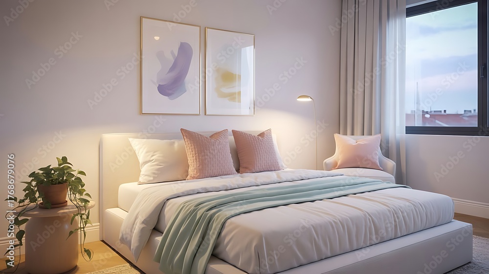 Fototapeta premium A cozy bedroom interior with a comfortable bed and soft lighting