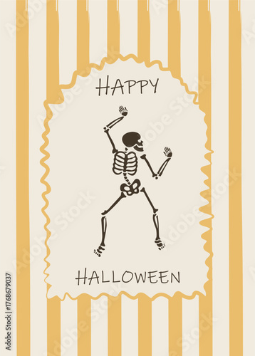  dance of skeleton with Happy Halloween. Drawing on the theme of Halloween in doodle style. Vector illustration