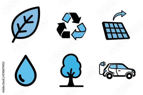 Sustainable Environment Icons Set - Eco-Friendly Green Energy, Recycling, Electric Car, Solar Panel, Water Drop, Leaf, and Tree Symbols