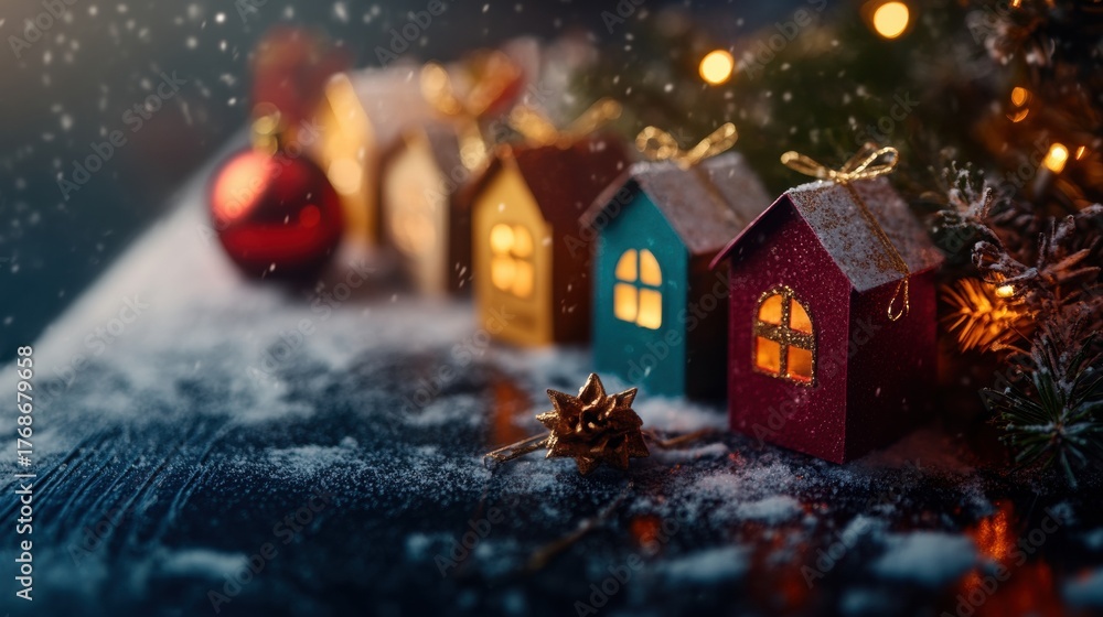 Fototapeta premium Festive display of colorful houses with warm lights during Christmas season