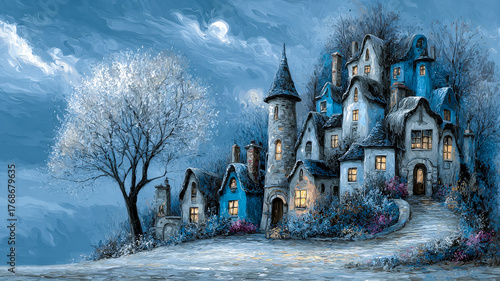 A fantasy village featuring unique houses with glowing windows and a tall tower, set against a dark, cloudy night sky with a full moon and a bare tree.