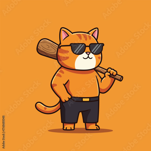 Cool Cat Mascot with Sunglasses and Bat Vector Illustration