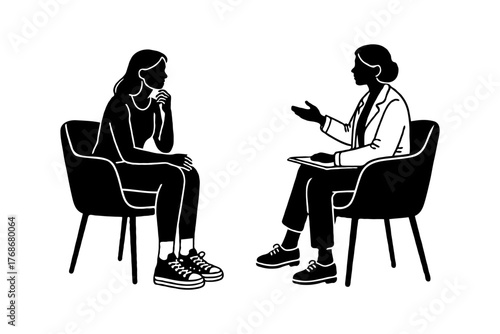 Two women sitting and talking in a therapy session, black silhouette graphic style on white background, concept of mental health consultation