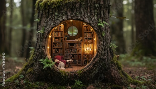 Cozy magical library with glowing lamps and bookshelves carved inside an ancient tree trunk in the deep forest. Fairy tale interior, woodland reading nook, fantasy literature, 