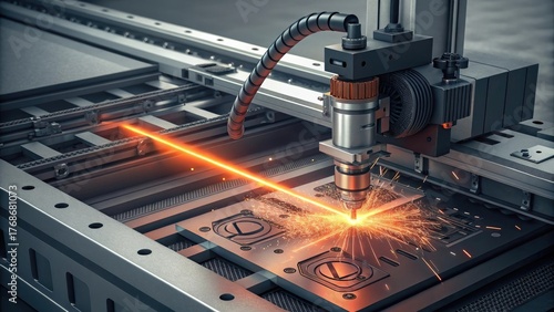 Precision laser cutting machine engraving metal with bright orange beam in industrial factory