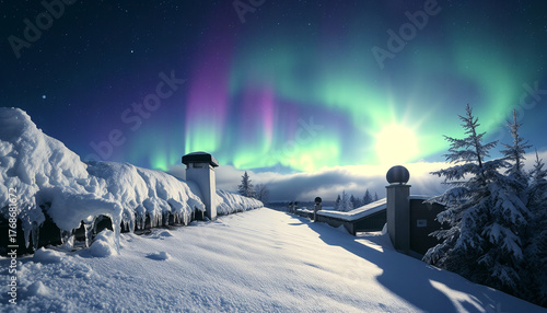 Stunning northern lights illuminating a snowy landscape under a starry night sky