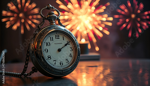 Vintage pocket watch with fireworks in the background, symbolizing celebration and time