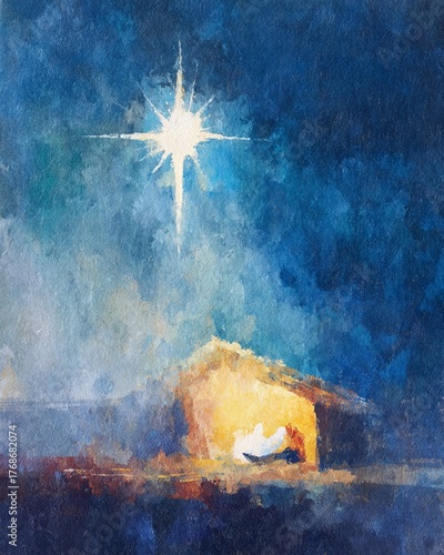 A Serene Nativity Scene Illuminated by a Radiant Star, Capturing the Essence of Christmas Spirit and Tranquility in a Beautifully Painted Landscape