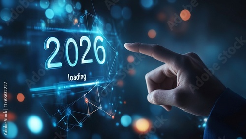 Man's finger touches glowing 2026 loading bar on digital screen with network nodes progress bar technology