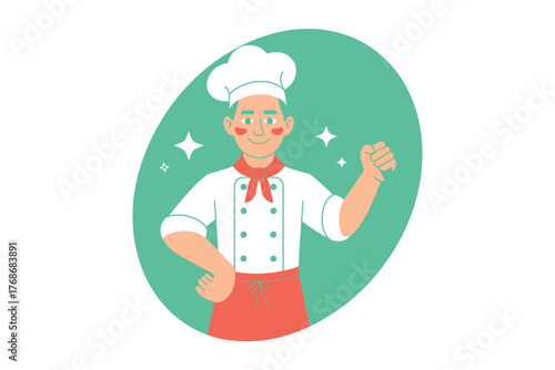 A smiling chef in uniform gives a thumbs up, indicating success and culinary expertise.
