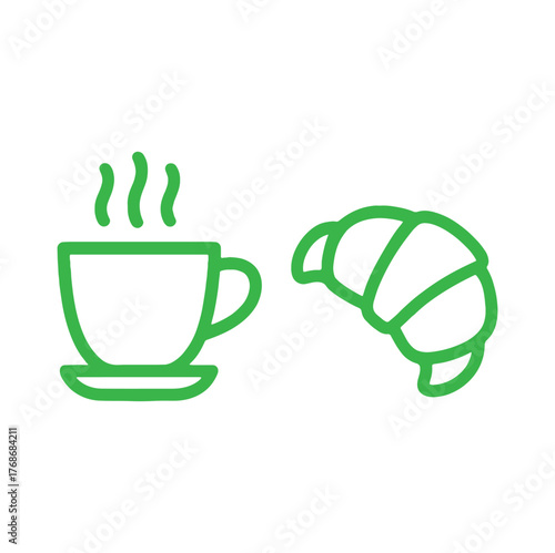 Minimalist green outline icon set featuring a steaming cup of coffee and a croissant pastry. A simple vector graphic representing a classic breakfast, morning routine, or a snack at a cafe or bakery