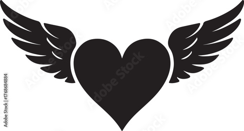 Winged Heart silhouette vector, classic tattoo flash, merch, or romantic decor, flaming heart, banner scrolls, roses, daggers, initials, True Love, Heart & Flight,