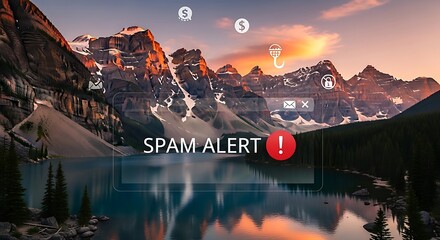 Leinwandbilder Lavendelfarbene Motive "Spam Alert" overlay on a scenic mountain lake landscape with phishing icons, symbolizing online security threats and digital scams.  © dian