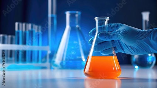 Hand in blue glove holding flask with orange liquid in laboratory science experiment.