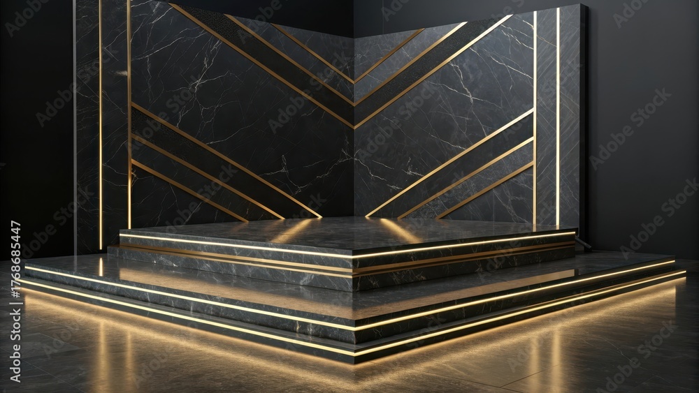 Obraz premium Black Marble Geometric Stage with Reflective Surface