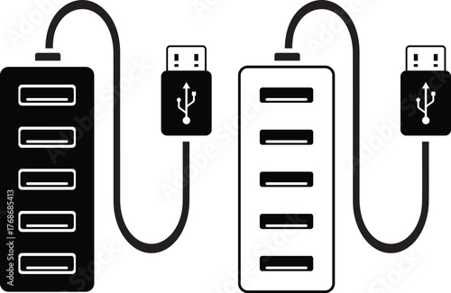 Stylized black and white USB hubs with four ports and connector cables for computer peripheral expansion