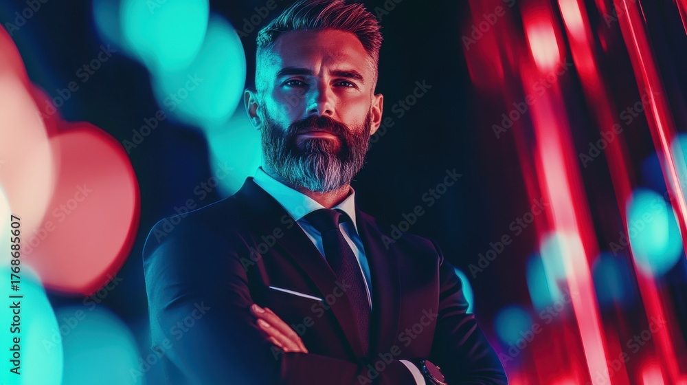 Obraz premium Confident man in a suit stands against colorful lights at an evening event