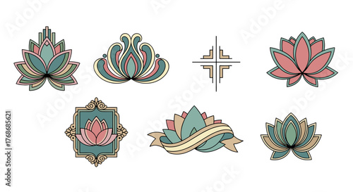 Collection of stylized lotus flower emblems and decorative elements in a pastel color palette, featuring geometric patterns and art deco influences, perfect for branding, yoga studios, or spiritual