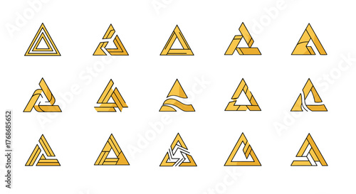 Collection of fifteen abstract golden triangle logos and icons, geometric shapes with metallic sheen, modern design elements for branding and identity, isolated on black background, vector art