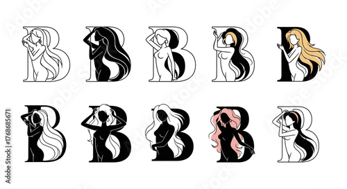 Collection of stylized silhouette portraits of diverse women, featuring flowing hair in blonde and pink hues, set against a stark black background, evoking a sense of mystery and elegance in graphic