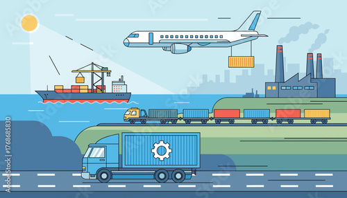 Modern flat vector illustration showcasing a comprehensive logistics and transportation network, including a cargo ship at sea with a crane, an airplane carrying a container, a freight train on