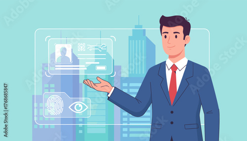 A smiling businessman in a blue suit and red tie presents a futuristic holographic interface displaying digital identification cards, fingerprint scans, and eye recognition, set against a backdrop of