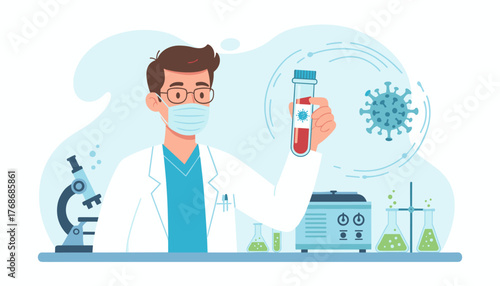 A scientist in a lab coat and mask holds a blood sample tube with a coronavirus icon, surrounded by scientific equipment like a microscope, centrifuge, and flasks, illustrating medical research and