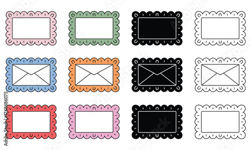 Colorful Scalloped Rectangle Frame and Envelope Icon Set Decorative Vector Design