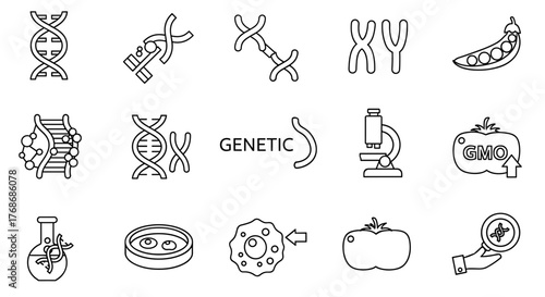 Collection of science icons representing genetics, DNA, chromosomes, and biotechnology, including a microscope, petri dish, GMO tomato, and peas, perfect for illustrating biological research and